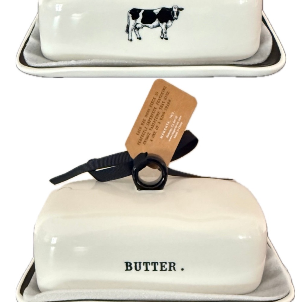Rae Dunn White and Black Butter Dish with Cow Design